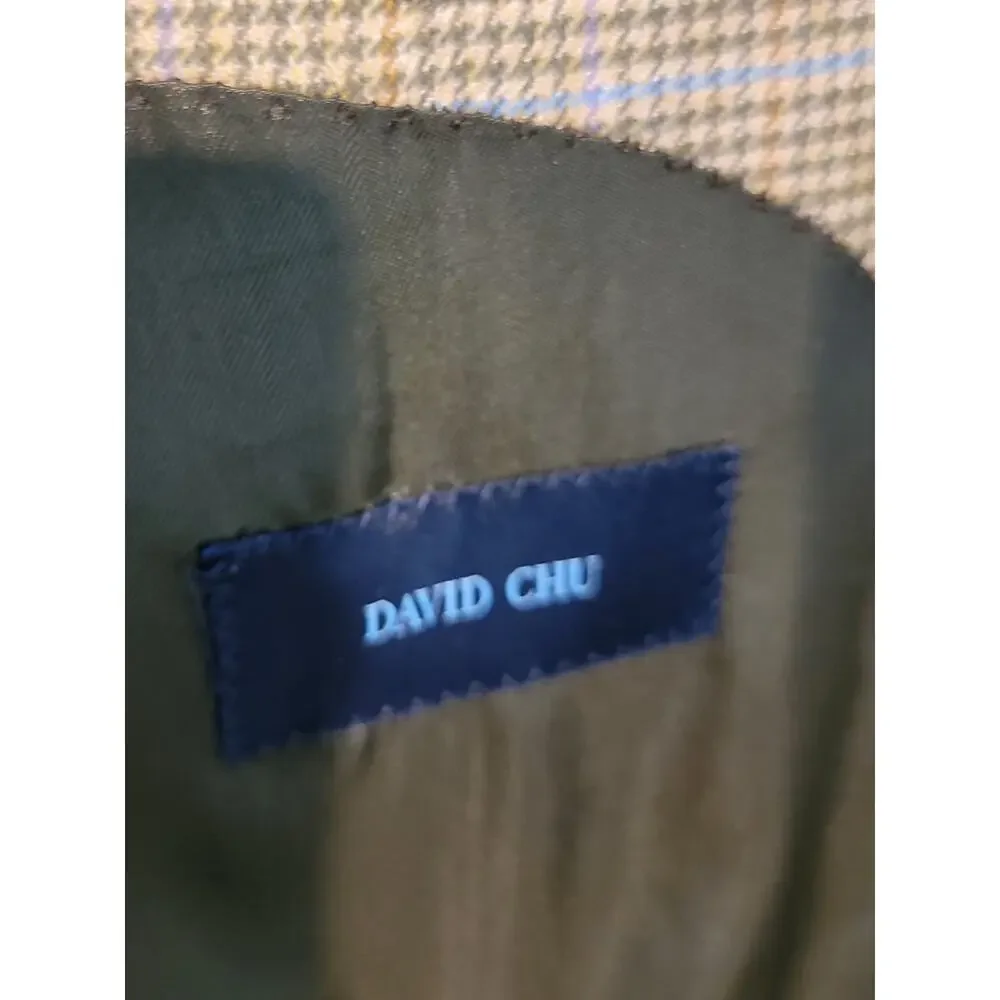 David Chu Wool Cashmere Blazer Sport Coat Sz 46 Tan Men's Plaid‎